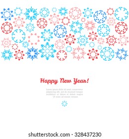 Light winter vintage background. Vector illustration. Various colorful winter snowflakes. Christmas background. Happy New Year. Place for your text. Season greetings. 