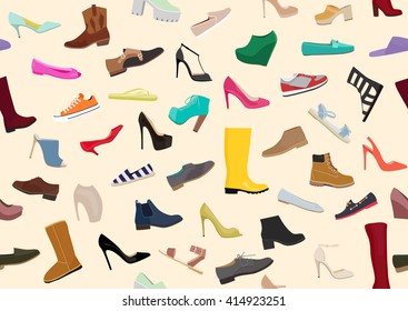 Light women / woman shoes pattern. Set with different types of women's / woman's shoes flat