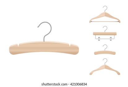 Light Wood Clothes Hangers Set. Baby Hanger. Isolated Vector Design.