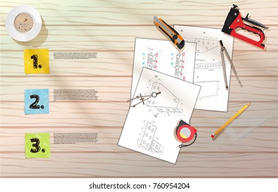 light wood Desk and drawing instruments with drawings