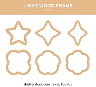 Conjunto de marco de madera ligera. Estrella, shuriken, brillo, trébol, flor y bordes de flores de seis pétalos en textura de madera clara.