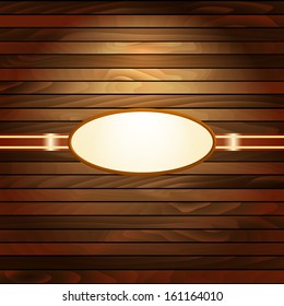 Light wooden background with elliptic frame. Frame on wooden wall. Wooden vintage postcard. Vintage gold frame on a wooden texture