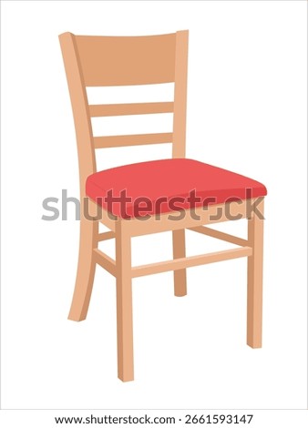 Light wooden chair vector with red padded seat. Dinning chair, kitchen chair, interior home furniture clipart in flat cartoon style.