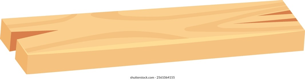 Light wooden plank featuring a prominent crack that highlights the natural wood grain, isolated against a clean white background, perfect for various construction and carpentry applications