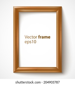 Light wooden rectangular 3d photo frame with shadow. Vector illustration 