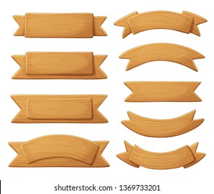 Light wooden signboards isolated on white background. Ribbon shape banners made of wood cartoon vector illustration