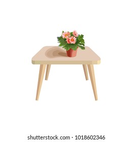 A light wooden table with a flower in a pot. Beige coffee table. Furniture for interior. Flowering plant in a pot. Isolated vector object.