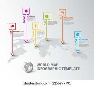 Light World map infographic template with thin line square pointer marks and icons, description and year labels. Simple worldmap infochart template layout design