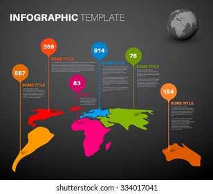 Light World map infographic template with droplet pointer marks - dark version