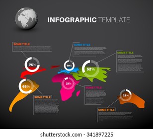 Plantilla de infografía de mapas de Light World con gráficos circulares - versión oscura