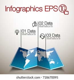 Light World Map Infographic Template With Modern Flat Pointer Marks, Horizontally On The Paper Version. Abstract Design 3d Infographic Options. News Event World Map Business Concept.