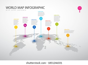 Light World map with pointer marks, icons and descriptions - infographic template