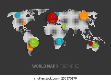 Light World map with pointer marks -  communication concept, dark version