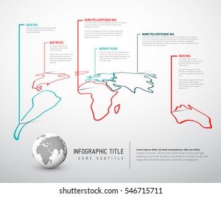 Light World thin line map infographic template with pointer marks - red and teal version