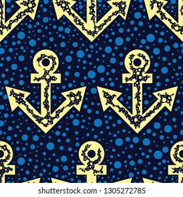 Light yellow anchors and blue dots, a seamless striped pattern on the dark blue background. Minimalistic dotted textile design. Marine vector drawing repeat pattern. Endless nautical theme wallpaper. 