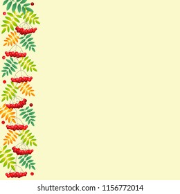 Light yellow background with decorative stripe of rowan berries and leaves in orange, red, green at the left side for decoration,text,note paper,sheet of book or notebook,cover,letter, greeting card