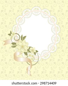 Light yellow background with lace frame with flowers and ribbons