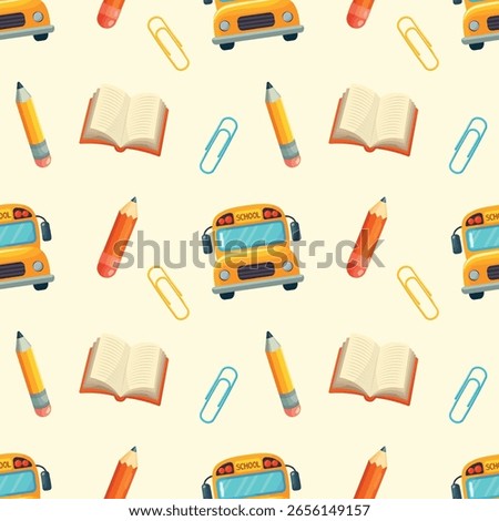 A light yellow background with yellow school bus, open book, and an assortment of pencil and paperclip, creating a fun, academic design