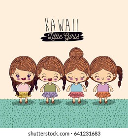 light yellow background set four cute full body kawaii little girls vector illustration