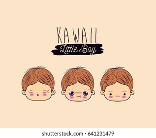 light yellow background set for three facial expression kawaii little boy vector illustration