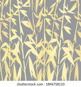 Light yellow bamboo brunches on gray. Trendy colors natural graphic pattern. Bamboo leaves print vector. Gold tropical pattern. Golden Bamboo leaves and branches on solid gray background