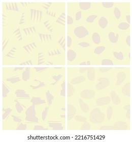 Light yellow bleached background with pink doodles, small abstract elements.set of 4 seamless vector patterns for fabric, wallpaper,children's clothing.pink splashes, dots, blotches on a light beige