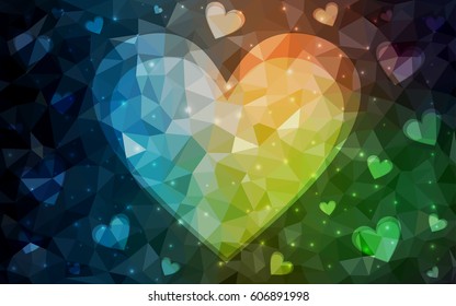 Light yellow, blue, green vector abstract glitter heart shape on white background in love concept for valentine's day with sweet and romantic moment. Polygonal design for your business.