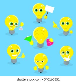 Light Yellow Bulb Cartoon Character Collection Concept Idea Set Smile Face Flat Vector Illustration