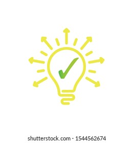 Light yellow Bulb line icon vector, isolated on white background. Lamp with mark. Done Idea sign.  