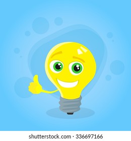 Light Yellow Bulb Thumb Up Hand Gesture Cartoon Character Concept Idea Smile Face Flat Vector Illustration