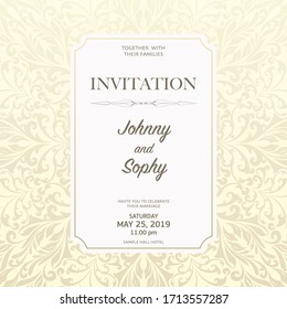 Light yellow color background with floral pattern. Invitation for different holiday and  party. Vintage template with decoration and text