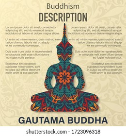 Light yellow color background with floral pattern and Gautama Buddha silhouette. Invitation for different holiday and  party. Vintage template with decoration and text