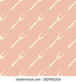 Light yellow colored grill forks ornament seamless pattern. Pink soft background. Cooking tools simple artwork. Great for wallpaper, textile, wrapping paper, fabric print. Vector illustration.