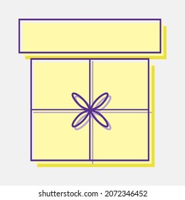 Light yellow designer gift box. Box lid raised. Purple outline, bow and ribbon. Top front. Empty case ajar. Linear and flat style. Fashionable design style. Vector gift, surprise. Close-up. Copyspace