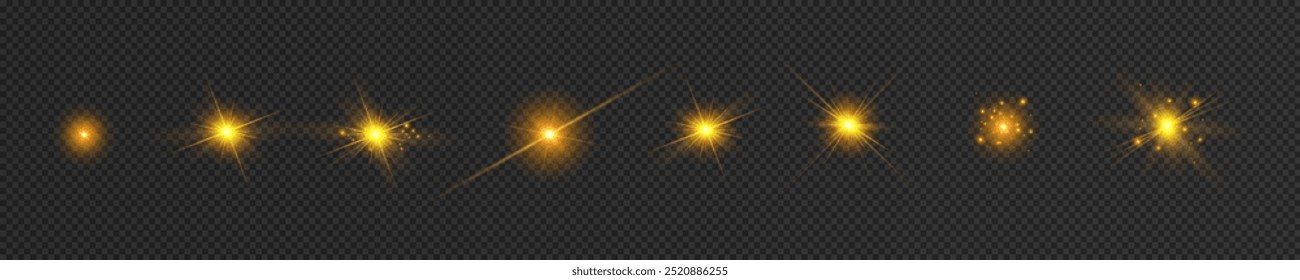 Reflejos de efecto amarillo claro, iluminación de neón en colores blancos. Lente de luz brillante. Efectos de luz de la policía, líneas. Estrellas brillantes, chispas brillantes sobre un fondo negro. Efecto de luz de oro Vector