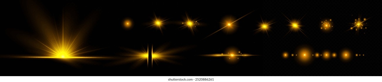 Light yellow effect reflections, neon illumination in white colors. Bright light lens. Police light effects, lines. Shiny stars, glowing sparks on a black background. Vector gold light effect