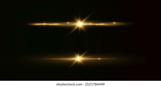 Light yellow effect reflections, neon illumination in gold colors. Bright light lens. Police light effects, lines. Shiny stars, glowing sparks on a black background. Vector red light effect