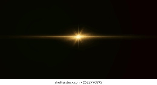 Light yellow effect reflections, neon illumination in gold colors. Bright light lens. Police light effects, lines. Shiny stars, glowing sparks on a black background. Vector red light effect