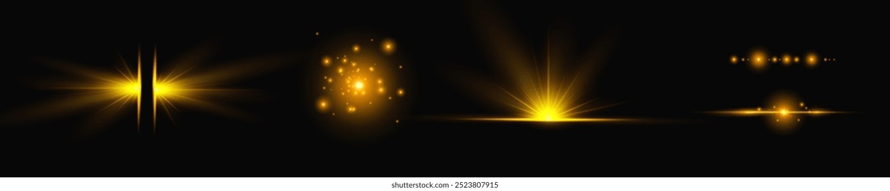 Reflejos de efecto amarillo claro, iluminación de neón en colores blancos. Lente de luz brillante. Efectos de luz de la policía, líneas. Estrellas brillantes, chispas brillantes sobre un fondo negro. Efecto de luz de oro Vector
