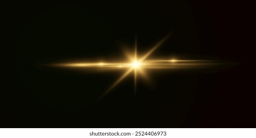 Light yellow effect reflections, neon illumination in gold colors. Bright light lens. Police light effects, lines. Shiny stars, glowing sparks on a black background. Vector red light effect
