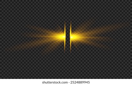 Light yellow effect reflections, neon illumination in white colors. Bright light lens. Police light effects, lines. Shiny stars, glowing sparks on a black background. Vector gold light effect