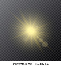 Light yellow effect reflector, star or sunlight with light rays, isolated on a transparent background - vector