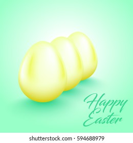 Light yellow eggs on fresh mint background. Bright greeting card with Happy Easter text. Three glossy lemon color egg in a row