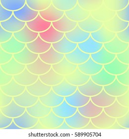 Light yellow fish skin with scale pattern. Mermaid vector background. Gold fish scale seamless pattern. Pastel candy colored mermaid tail backdrop. Marshmallow color mix. Marine seamless pattern tile