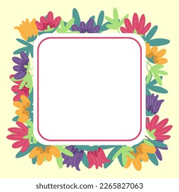 Light Yellow Frame Decorated With Colorful Flowers And Foliage Arranged Harmoniously. Empty Poster Border Surrounded By Multicolored Bouquet Organized Pleasantly.