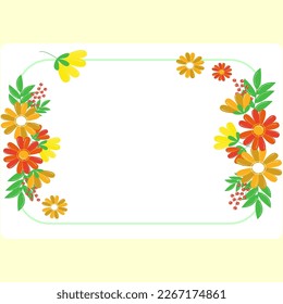Light Yellow Frame Decorated With Colorful Flowers And Foliage Arranged Harmoniously. Empty Poster Border Surrounded By Multicolored Bouquet Organized Pleasantly.