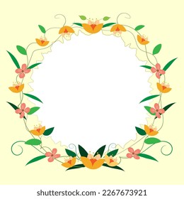 Light Yellow Frame Decorated With Colorful Flowers And Foliage Arranged Harmoniously. Empty Poster Border Surrounded By Multicolored Bouquet Organized Pleasantly.