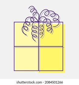 Caja de regalo amarillo claro con arco original azul y cinta de correr. contorno azul lineal y arco serpentino. Diseño amarillo claro único para diferentes ocasiones. Ilustración vectorial para el evento sorpresa y festivo.
