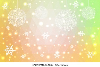 Light yellow, green vector christmas polygon background. Low poly Illustration consisting of triangles with snowflakes. Texture background of New Year celebration.