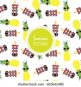 Light yellow green white seamless pattern with pineapple and ice cream in summer